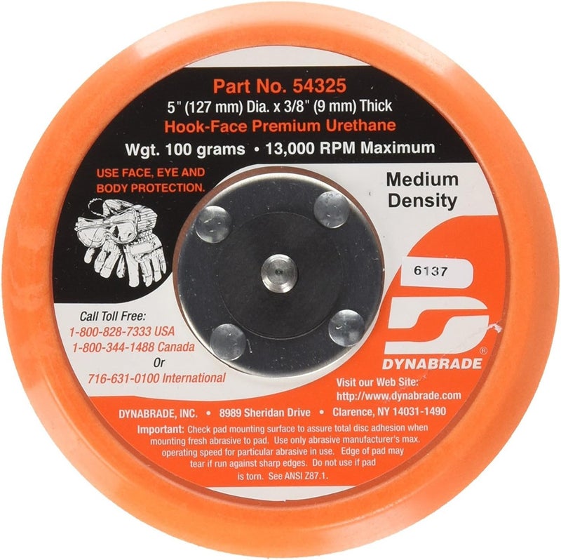 (54325) 5" (127 mm) Diameter Hook-Face Non-Vacuum Sanding Disc Pad, Short Nap, Teal | 3/8" (10 mm) Thick Urethane Medium Density, Swirl-Free Finish, 5/16"-24 Male Thread